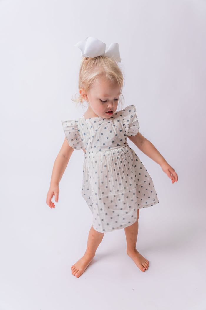 Blue Polka Dot Print Ruffled Racer Back Gathered Dress dress & diaper cover Yo Baby India