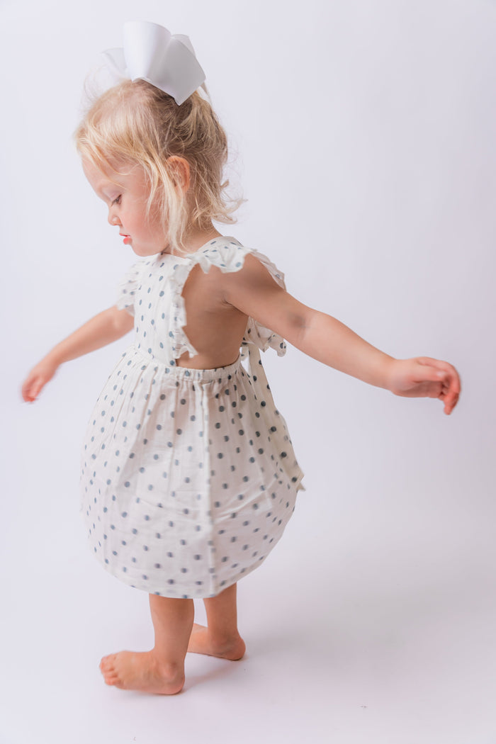 Blue Polka Dot Print Ruffled Racer Back Gathered Dress dress & diaper cover Yo Baby India