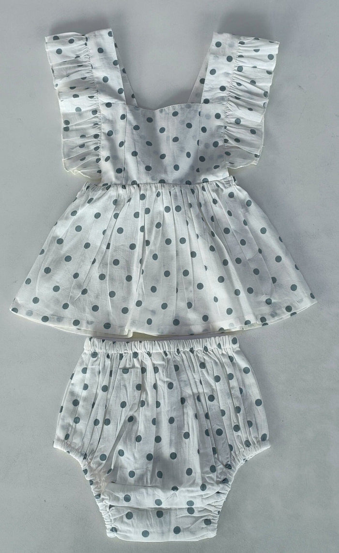 Blue Polka Dot Print Ruffled Racer Back Gathered Dress dress & diaper cover Yo Baby India