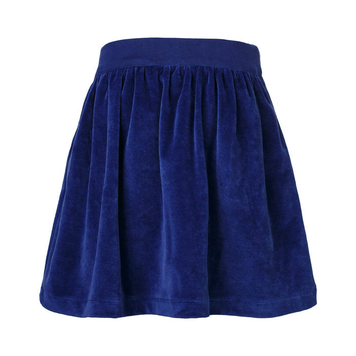 Back view of Girls petrol blue organic velvet skirt with subtle pleats
