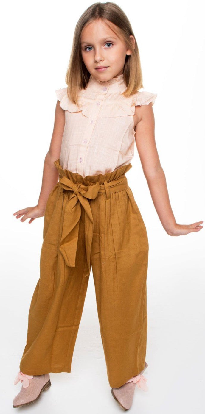 Blush Frill Top with Khakhi Paper Bag Pants 2 pc. Set Dress Yo Baby Wholesale