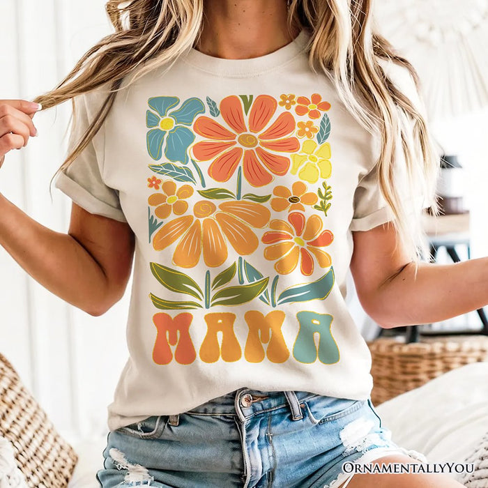 Boho Floral Mama T-Shirt, Natural and White Tee Large Flowers for Modern Moms T-Shirts OrnamentallyYou