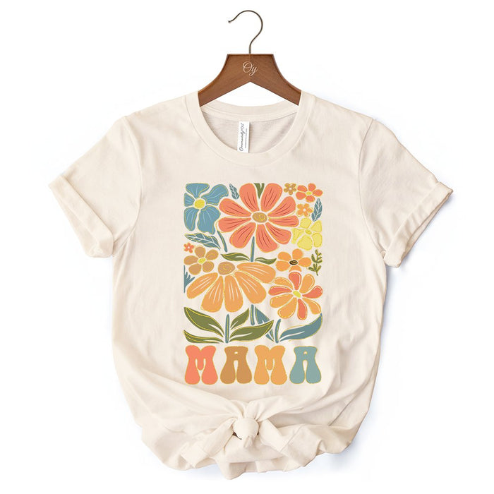 Boho Floral Mama T-Shirt, Natural and White Tee Large Flowers for Modern Moms T-Shirts OrnamentallyYou