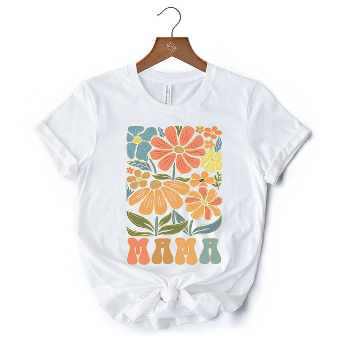Boho Floral Mama T-Shirt, Natural and White Tee Large Flowers for Modern Moms T-Shirts OrnamentallyYou