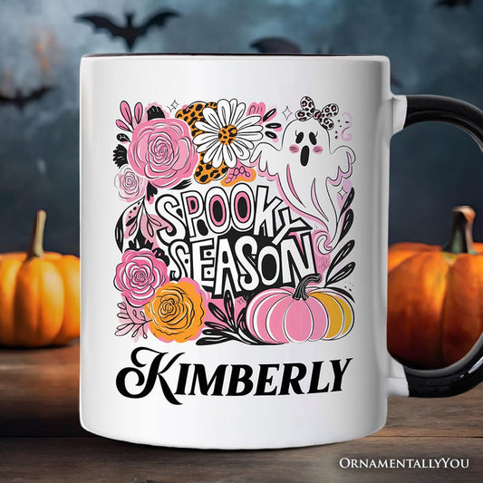 Boho Spooky Season Ghost Personalized Mug, Cute Halloween Gift with Custom Name with Fall Pumpkins Personalized Ceramic Mug OrnamentallyYou White - Black Customized