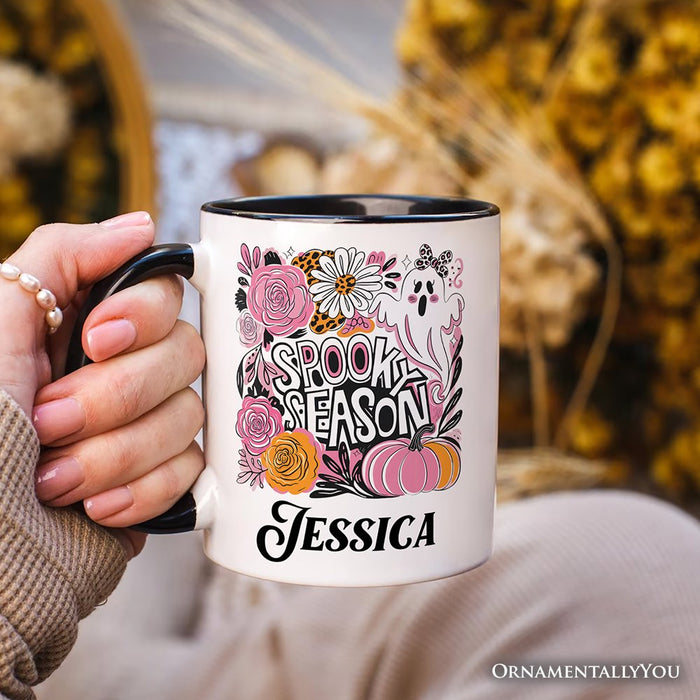 Boho Spooky Season Ghost Personalized Mug, Cute Halloween Gift with Custom Name with Fall Pumpkins Personalized Ceramic Mug OrnamentallyYou