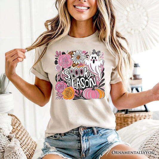 Boho Spooky Season Ghost T-Shirt, Cute Halloween Tee with Fall Pumpkins T-Shirts OrnamentallyYou