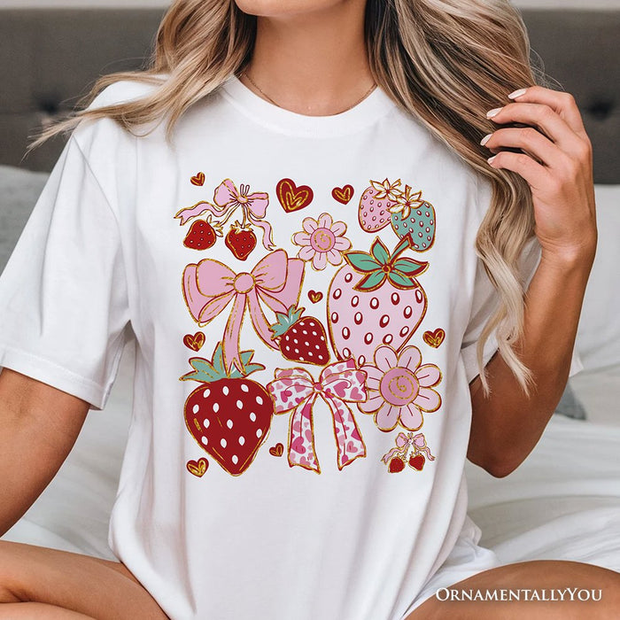 Boho Strawberry Coquette T-Shirt, Cute Bow and Floral White and Natural Tee for Sweet and Stylish Women T-Shirts OrnamentallyYou