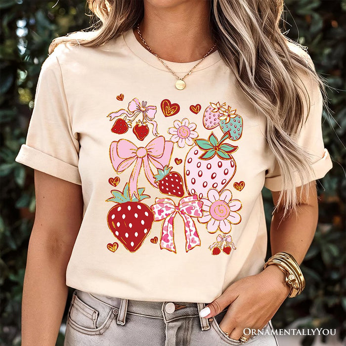 Boho Strawberry Coquette T-Shirt, Cute Bow and Floral White and Natural Tee for Sweet and Stylish Women T-Shirts OrnamentallyYou