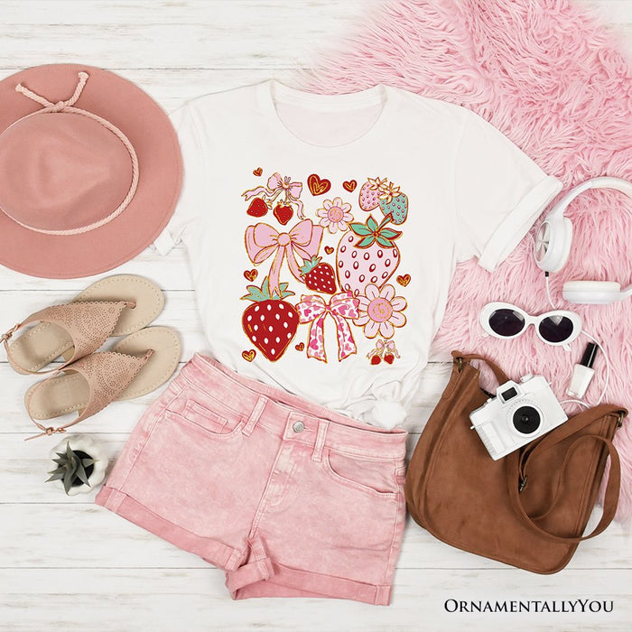 Boho Strawberry Coquette T-Shirt, Cute Bow and Floral White and Natural Tee for Sweet and Stylish Women T-Shirts OrnamentallyYou White XS