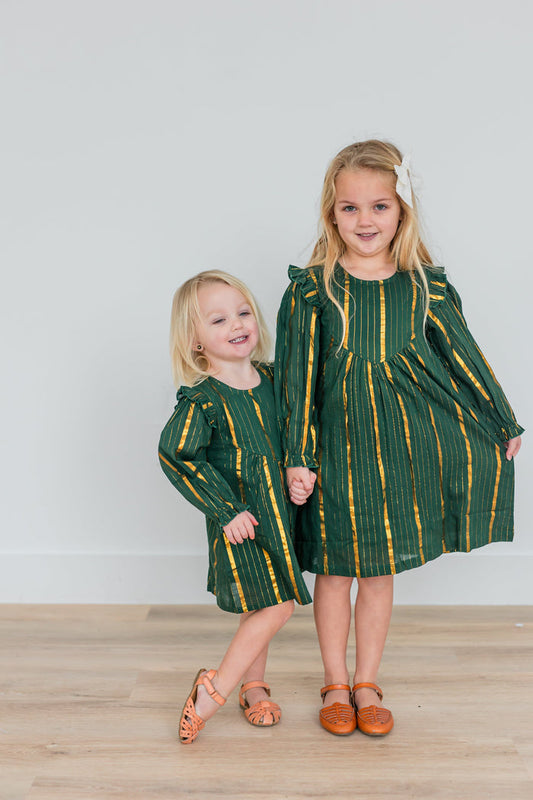 Bottle Green Solid Color Gold Lurex Long Sleeve Gathered Dress dress & diaper cover Yo Baby India