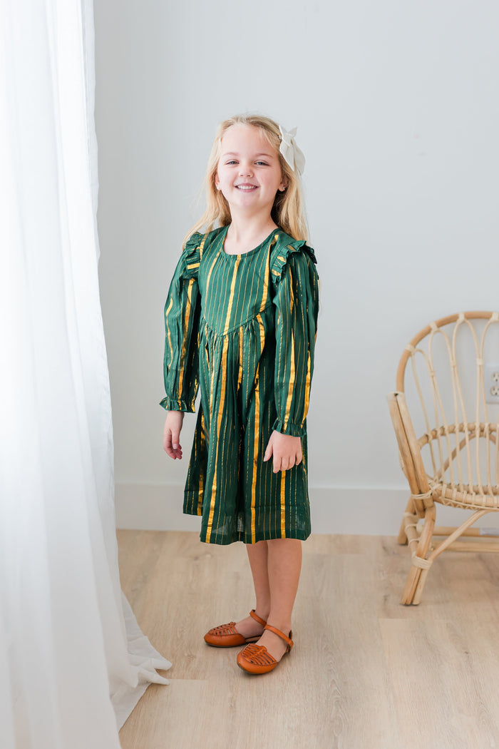 Bottle Green Solid Color Gold Lurex Long Sleeve Gathered Dress dress & diaper cover Yo Baby India