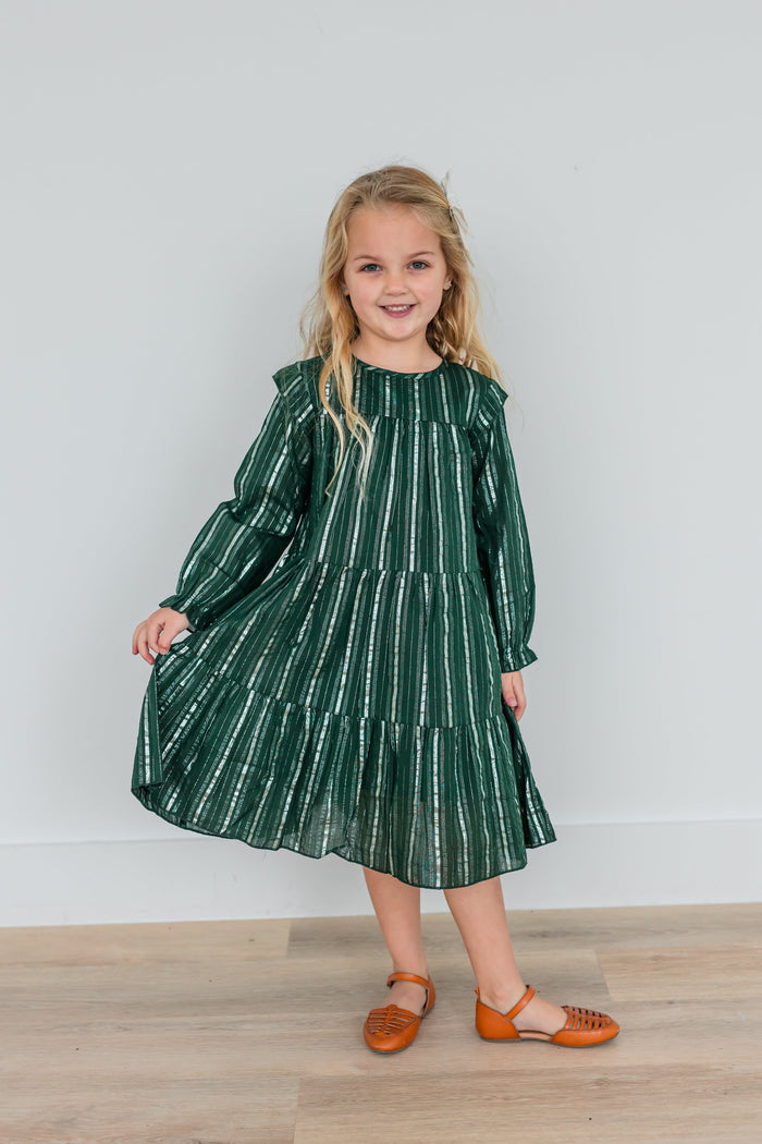 Bottle Green Solid Color Silver Lurex Tiered Long Sleeve Dress dress & diaper cover Yo Baby India
