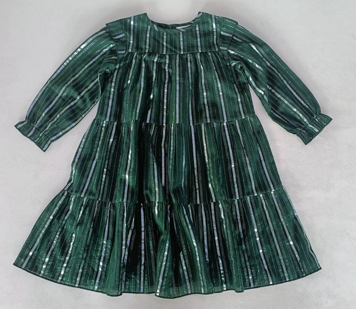 Bottle Green Solid Color Silver Lurex Tiered Long Sleeve Dress dress & diaper cover Yo Baby India