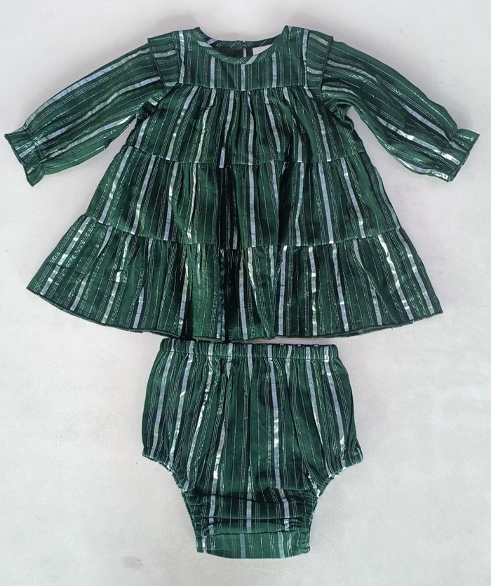Bottle Green Solid Color Silver Lurex Tiered Long Sleeve Dress dress & diaper cover Yo Baby India
