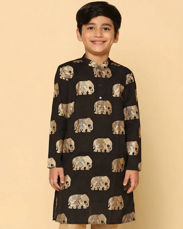 Boy's Black Foil Printed Kurta