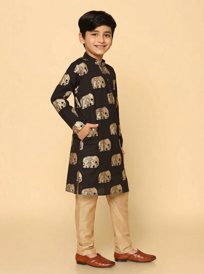 Boy's Black Foil Printed Kurta