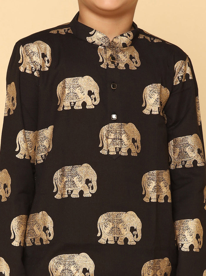 Boy's Black Foil Printed Kurta