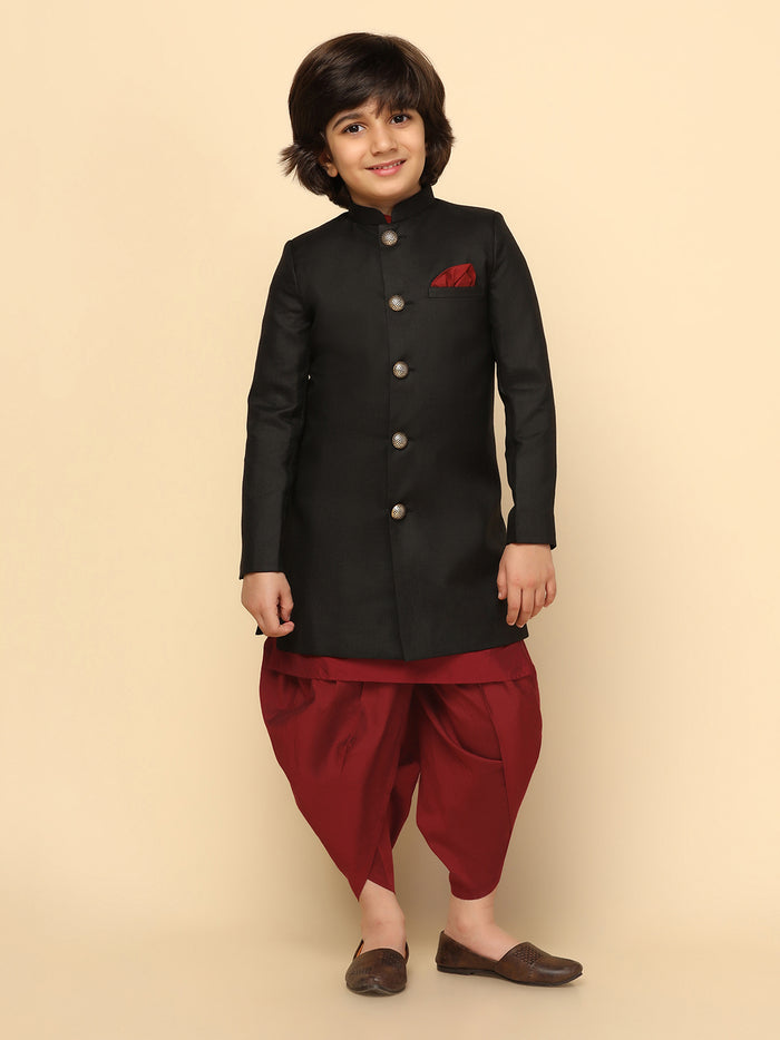 Boy's Black Indowestern Set With Kurta and Dhoti
