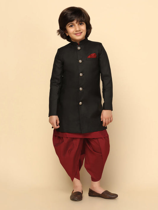 Boy's Black Indowestern Set With Kurta and Dhoti