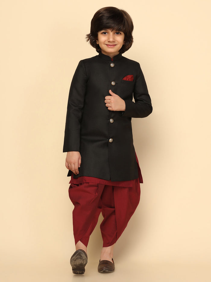 Boy's Black Indowestern Set With Kurta and Dhoti