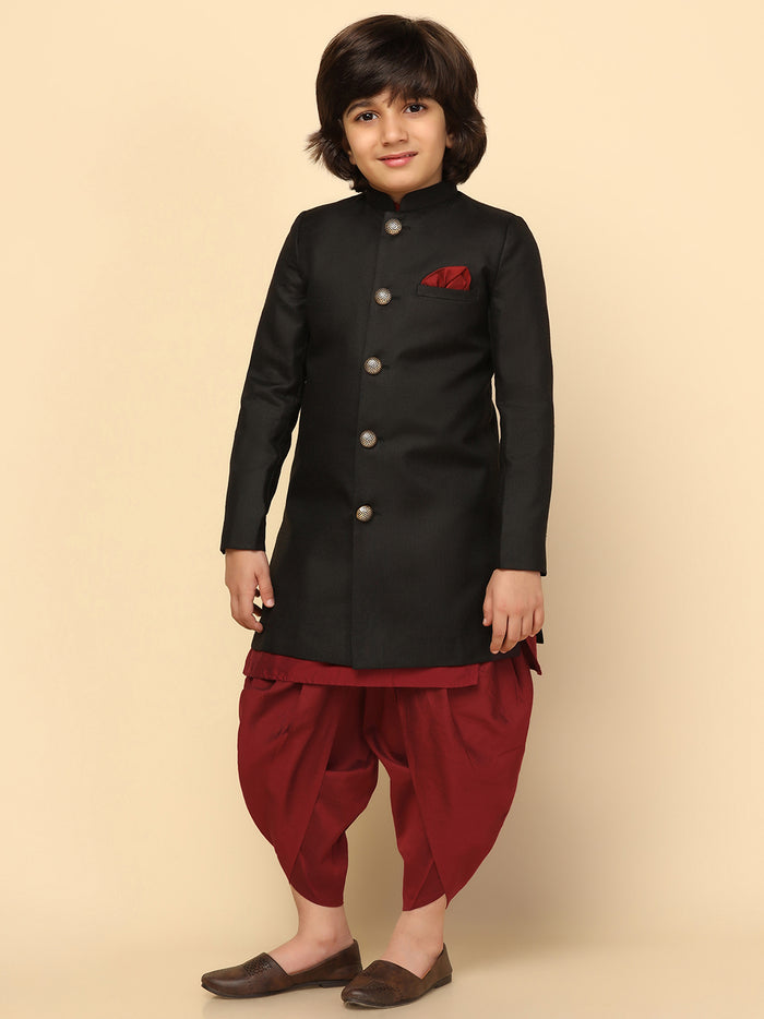 Boy's Black Indowestern Set With Kurta and Dhoti