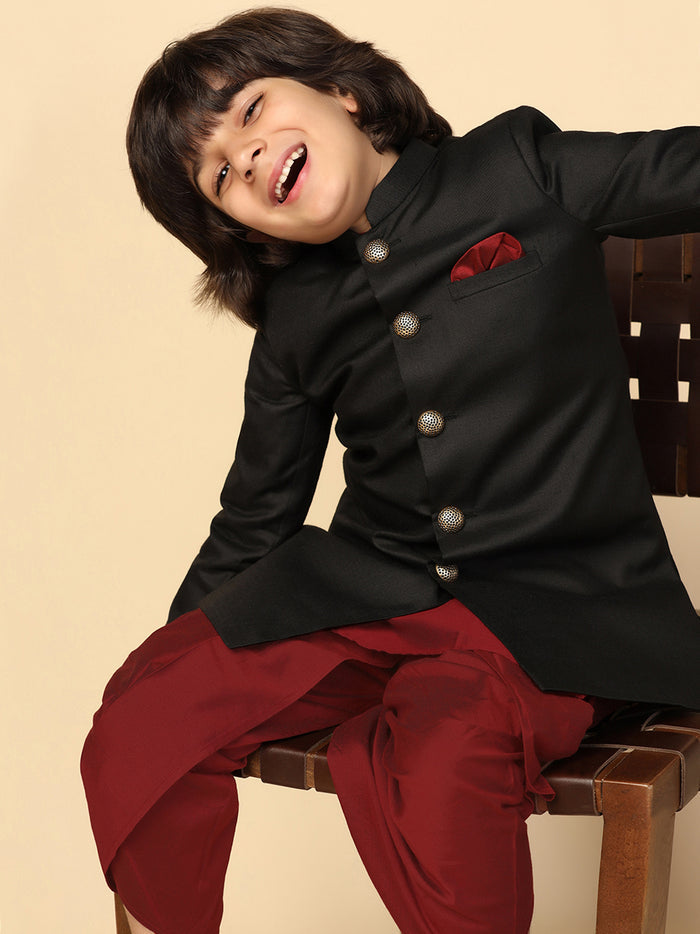 Boy's Black Indowestern Set With Kurta and Dhoti