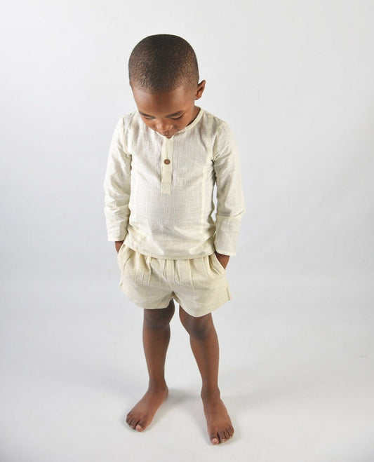 Boys Ecru Henley & Oatmeal Shorts Two Piece Set boys Yo Baby Wholesale