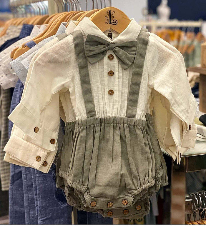 Boys Infant One-Piece Full Sleeves Romper With Attached Bow-Tie - Grey diaper covers Yo Baby Wholesale