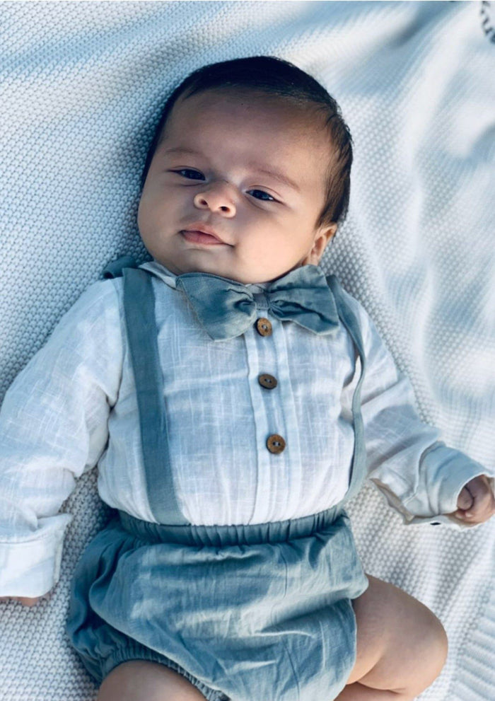 Boys Infant One-Piece Full Sleeves Romper With Attached Bow-Tie - Teal diaper covers Yo Baby Wholesale