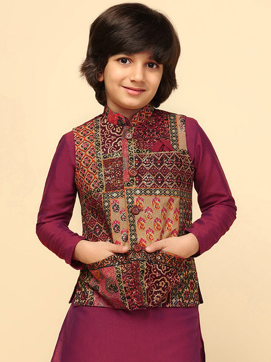 Boy's Maroon Printed Jacket