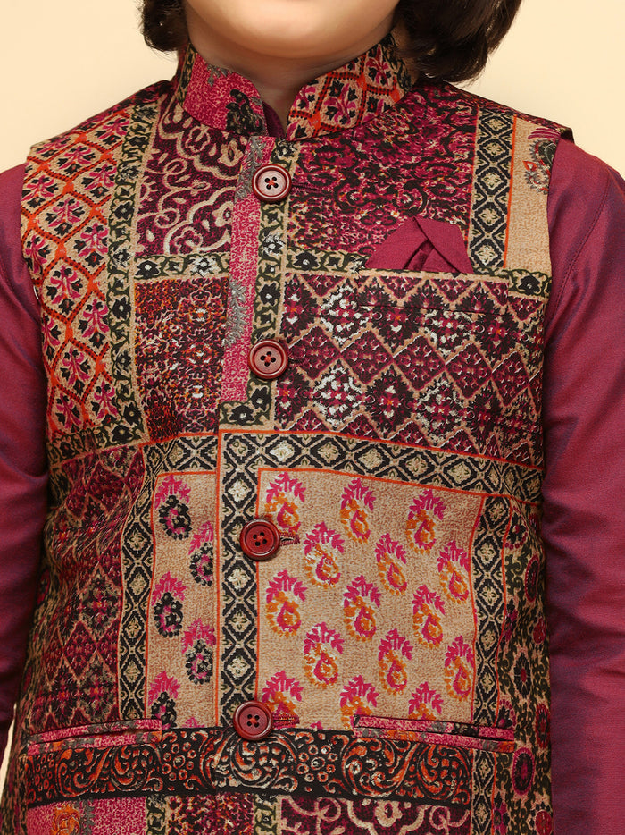 Boy's Maroon Printed Jacket