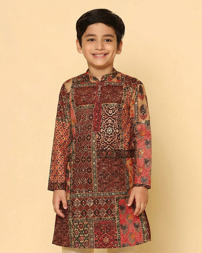 Boy's Maroon Printed Kurta