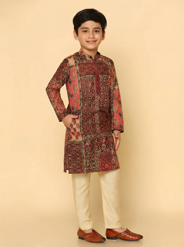 Boy's Maroon Printed Kurta