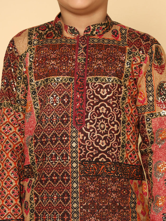 Boy's Maroon Printed Kurta