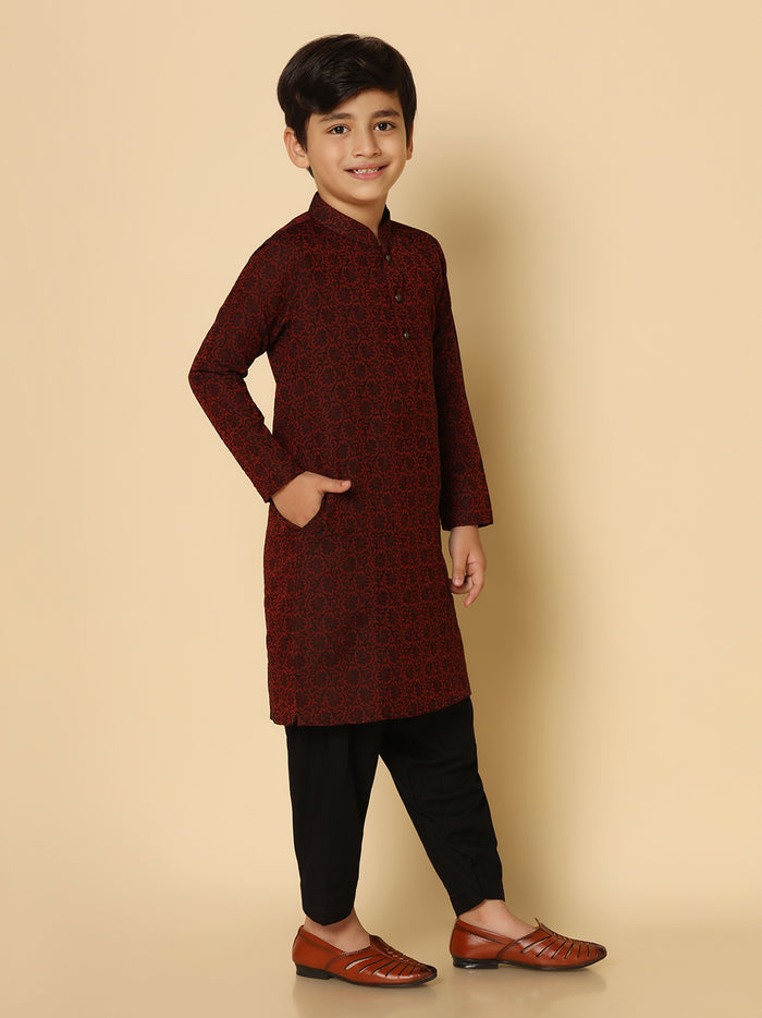 Boy's Maroon Woven Design Kurta