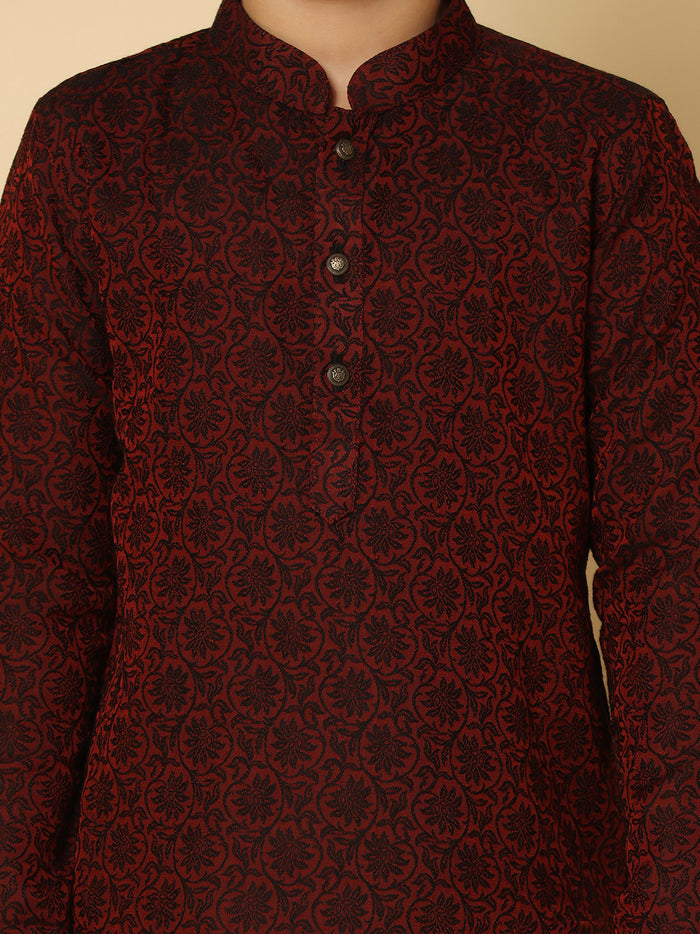 Boy's Maroon Woven Design Kurta