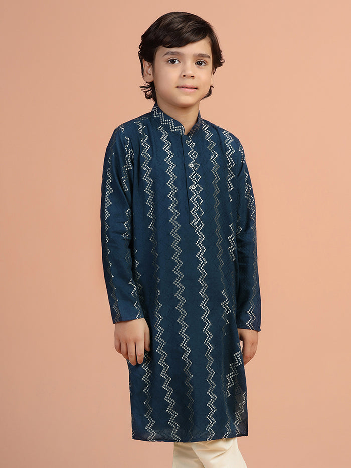 Boy's Navy Blue Textured Kurta