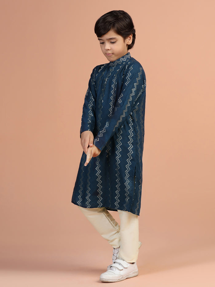 Boy's Navy Blue Textured Kurta
