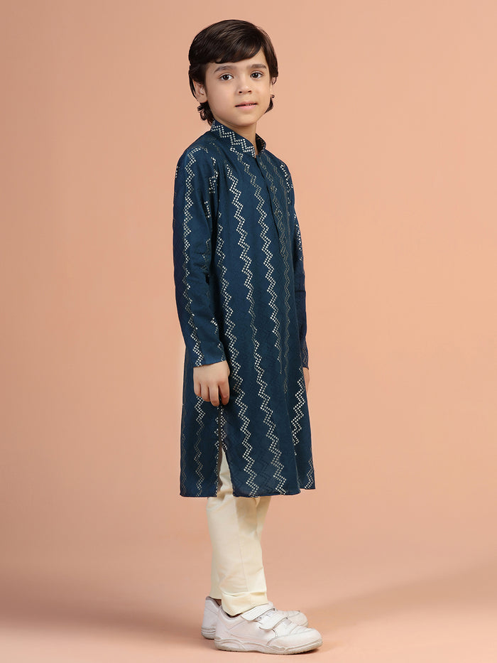 Boy's Navy Blue Textured Kurta
