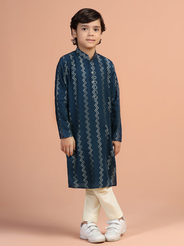 Boy's Navy Blue Textured Kurta