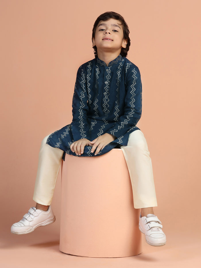 Boy's Navy Blue Textured Kurta