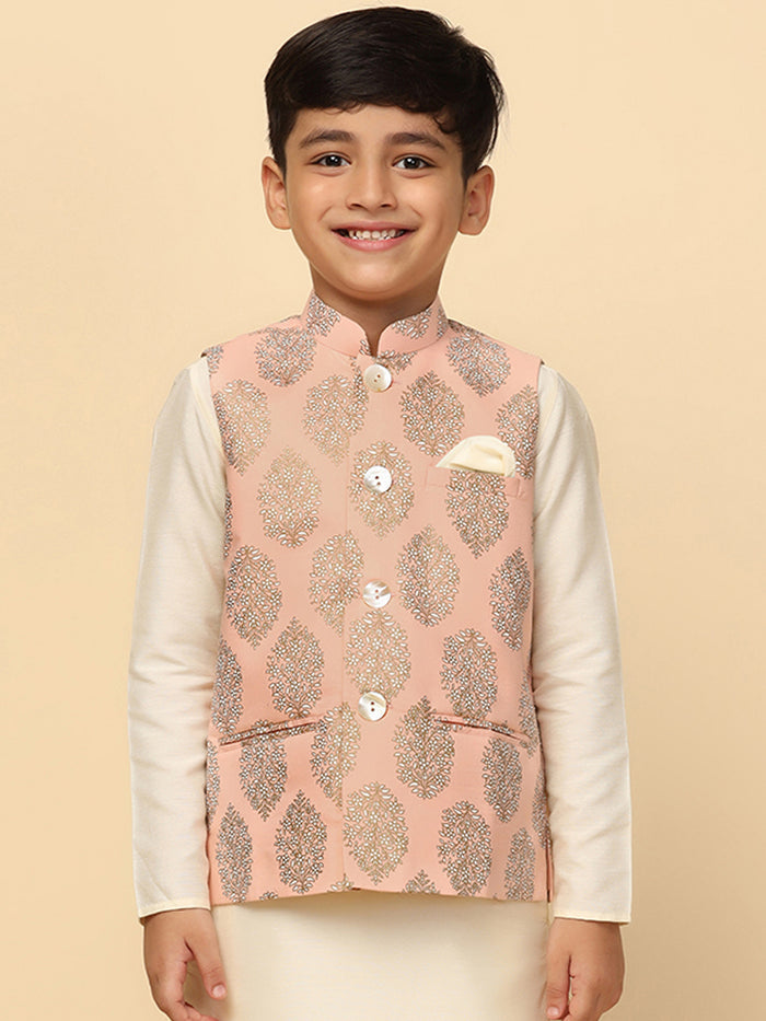 Boy's Peach Printed Nehru Jacket