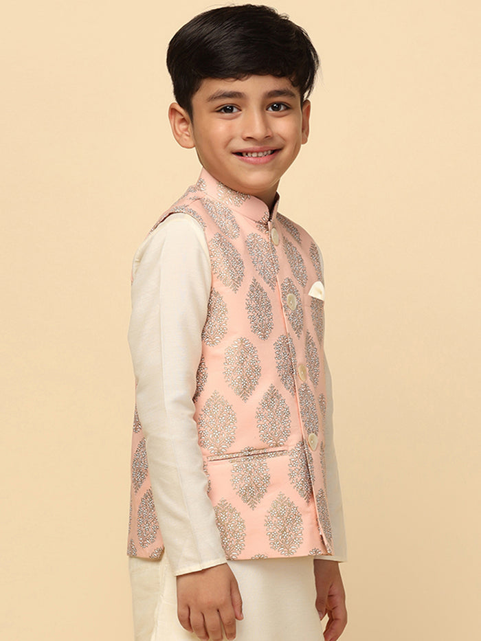 Boy's Peach Printed Nehru Jacket