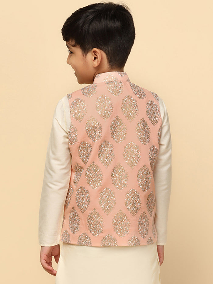Boy's Peach Printed Nehru Jacket