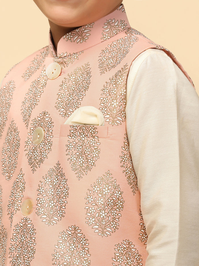 Boy's Peach Printed Nehru Jacket