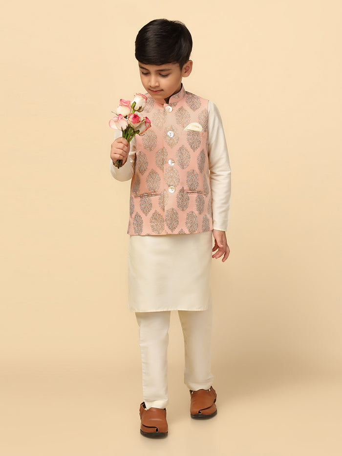 Boy's Peach Printed Nehru Jacket