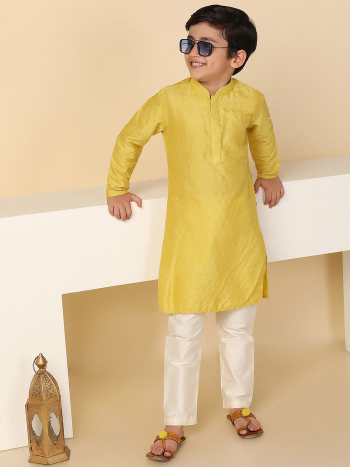 Boy's Yellow Solid Textured Kurta Churidar Set