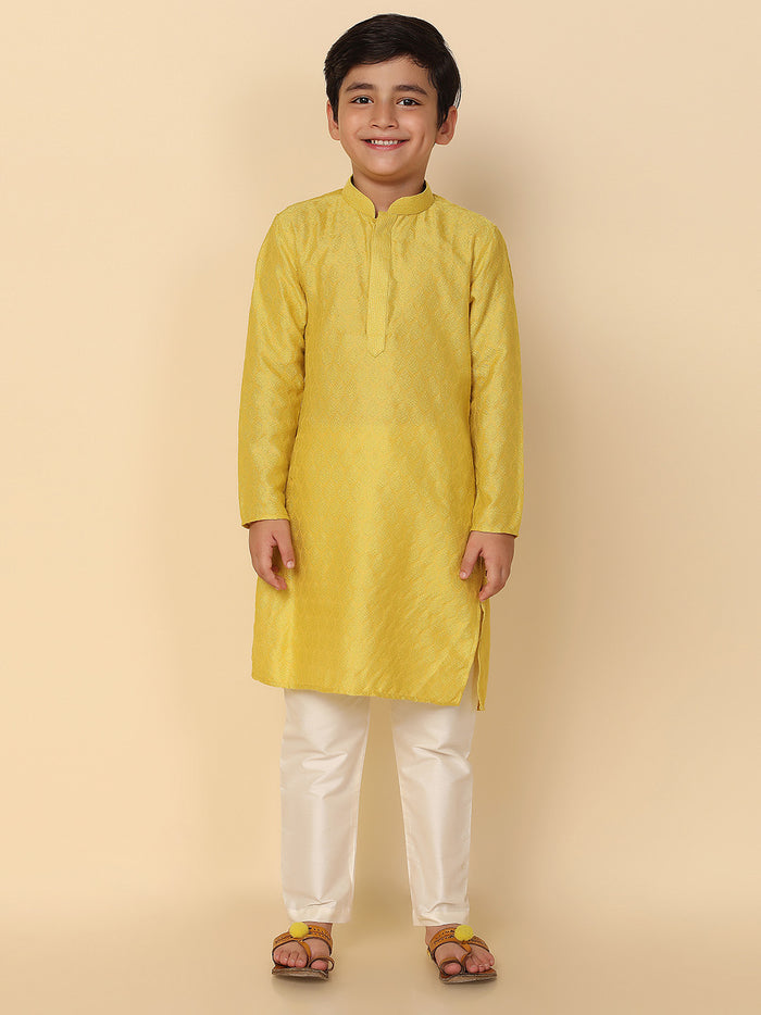 Boy's Yellow Solid Textured Kurta Churidar Set