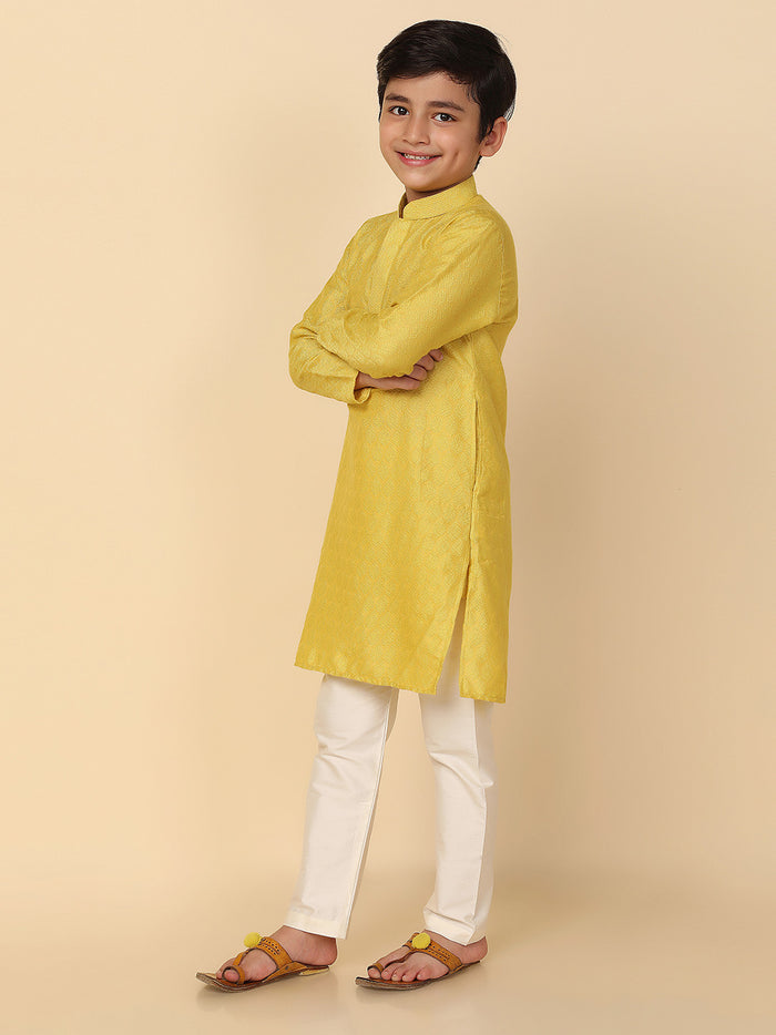 Boy's Yellow Solid Textured Kurta Churidar Set